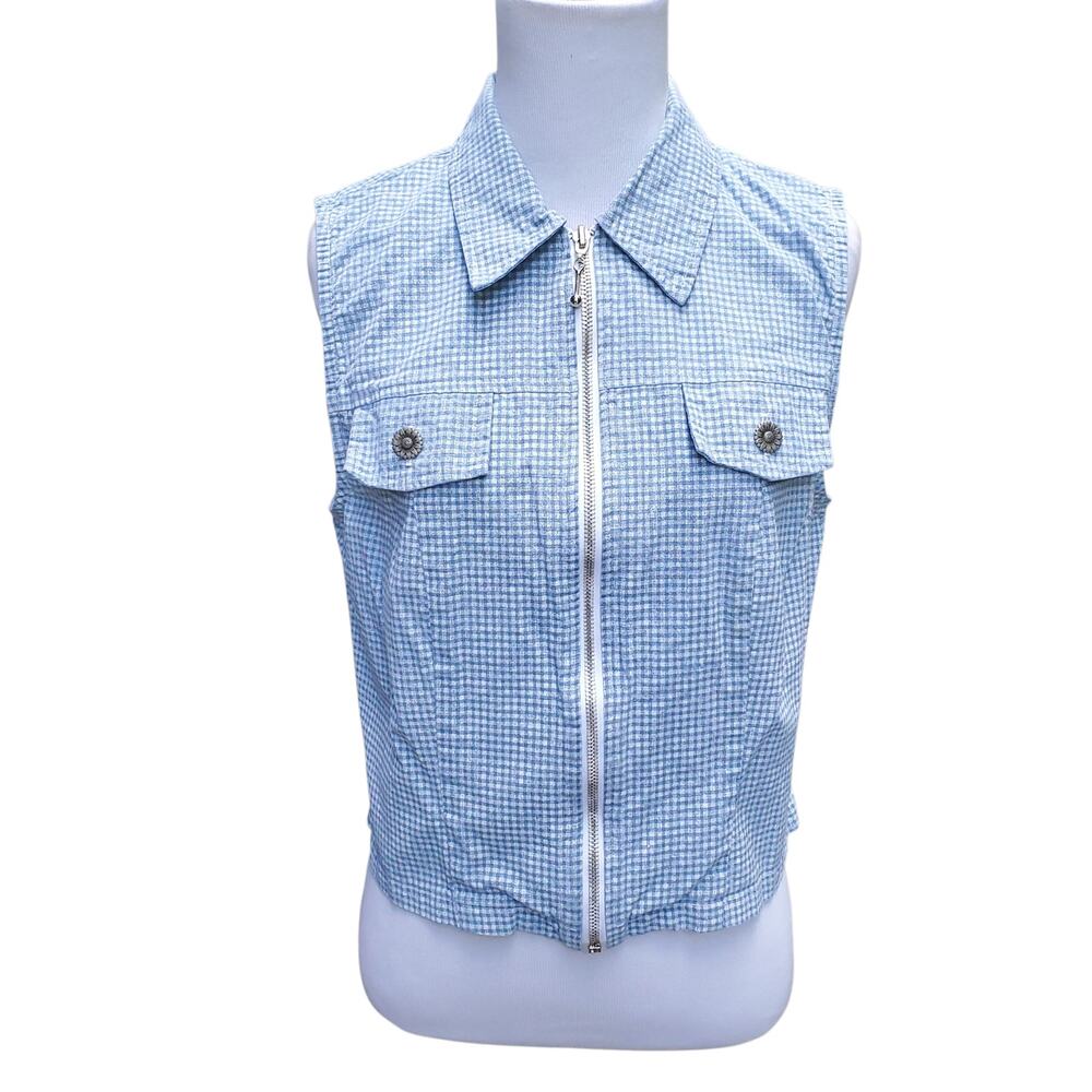 Vintage Preppy Coastal y2k Blue Gingham Sleeveless Shirt Full Zip Collared Sz S